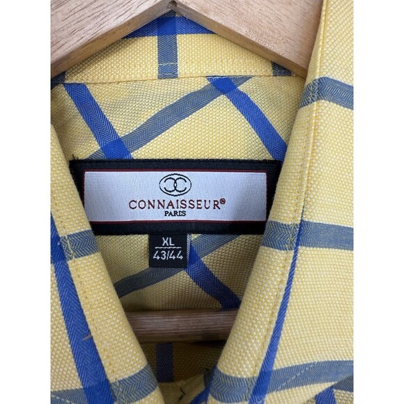 Connaisseur Paris Men's  XLarge 43/44 Yellow Blue Check Button Up Dress Shirt - Picture 9 of 10